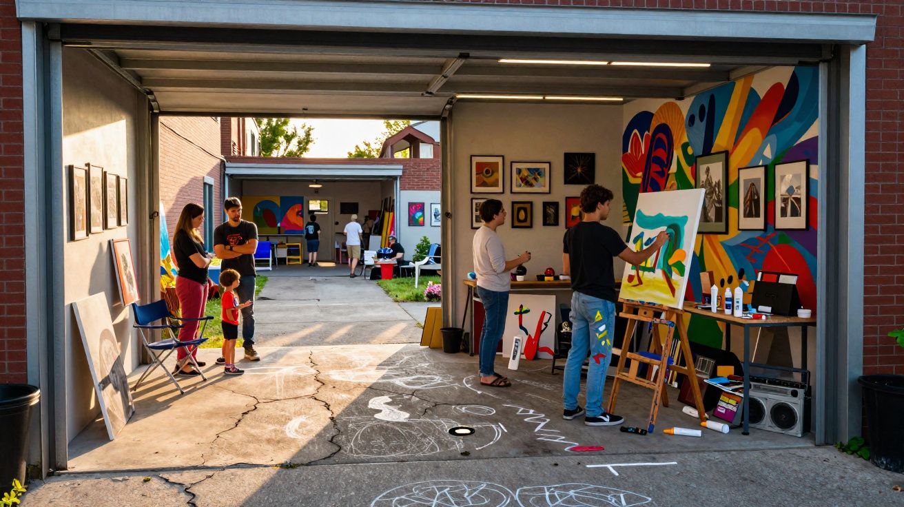 Ateliê urbano com pessoas a pintar quadros e desenhos coloridos nas paredes e chão ao ar livre.