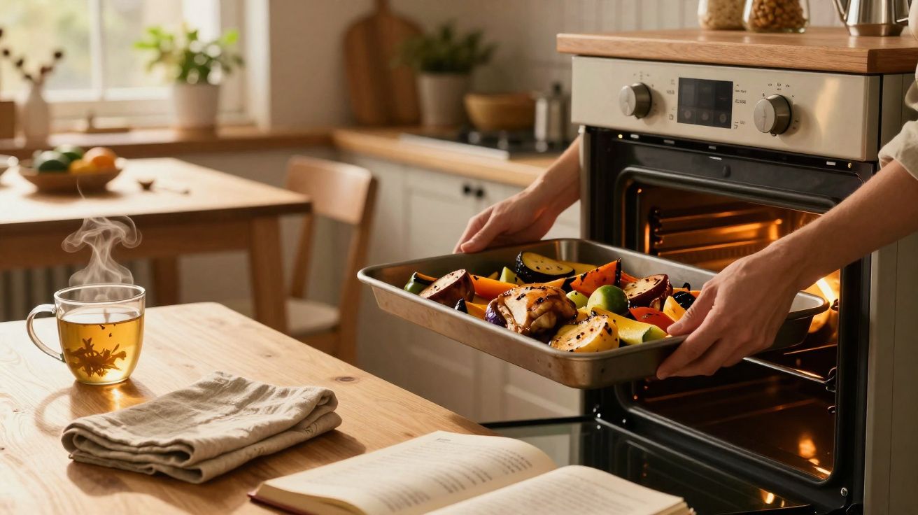 Pessoa a colocar tabuleiro com legumes e carne no forno numa cozinha iluminada com chá quente numa mesa.