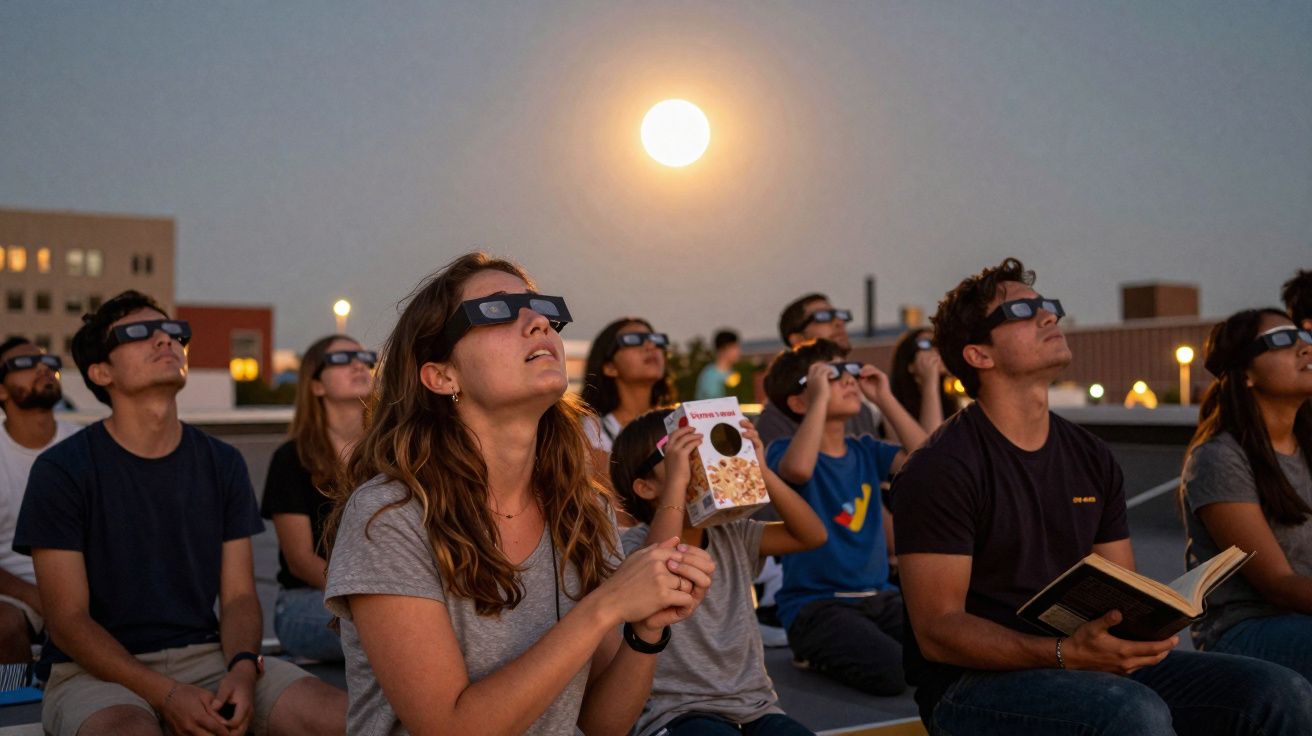 Grupo de pessoas com óculos a observar eclipse solar ao pôr do sol numa cidade.