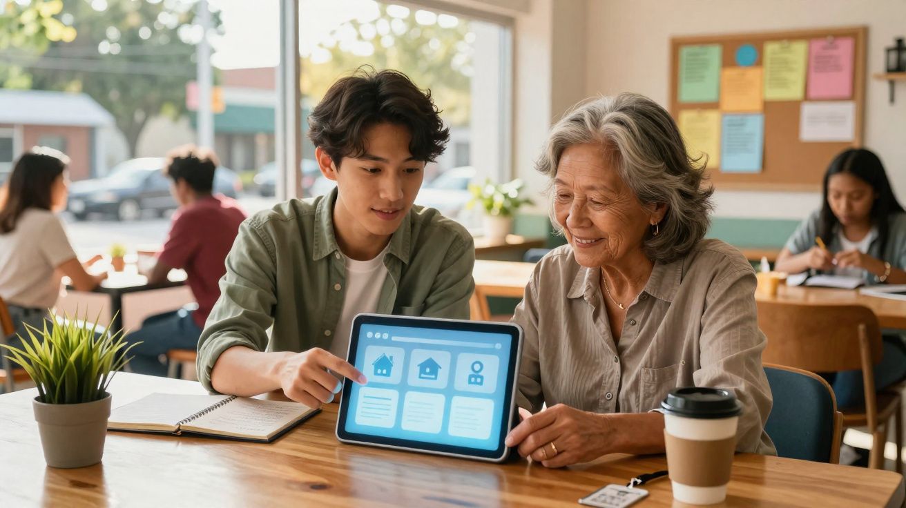 Jovem mostra informações num tablet a mulher idosa numa mesa de café com outras pessoas ao fundo.
