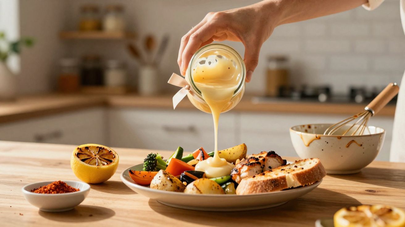 Pessoa a verter molho cremoso sobre prato com legumes, pão, limão grelhado e especiarias na cozinha.