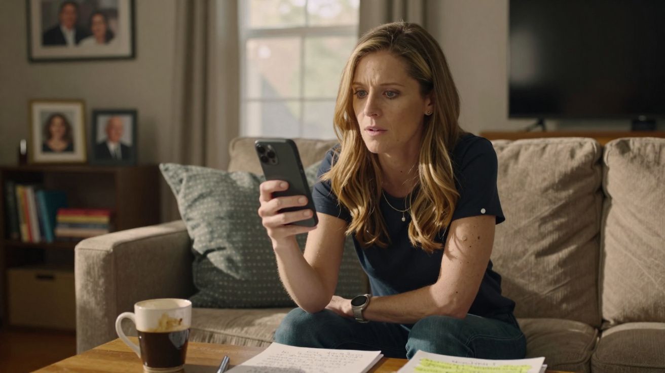 Mulher sentada no sofá com expressão preocupada a olhar para o telemóvel, com papéis e café à frente.