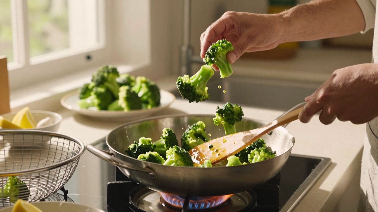 Mãos a cozinhar brócolos numa frigideira metálica sobre fogão a gás numa cozinha iluminada por janela.