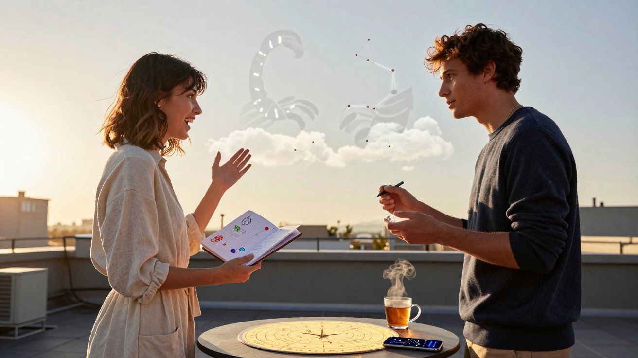 Dois jovens discutem mapas astrais numa varanda ao pôr do sol, com constelações visíveis no céu.