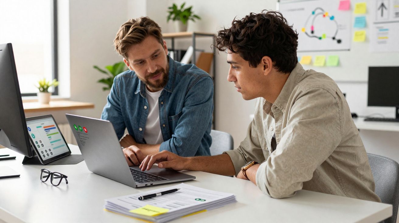 Dois homens a trabalhar juntos em laptops num escritório moderno e iluminado.
