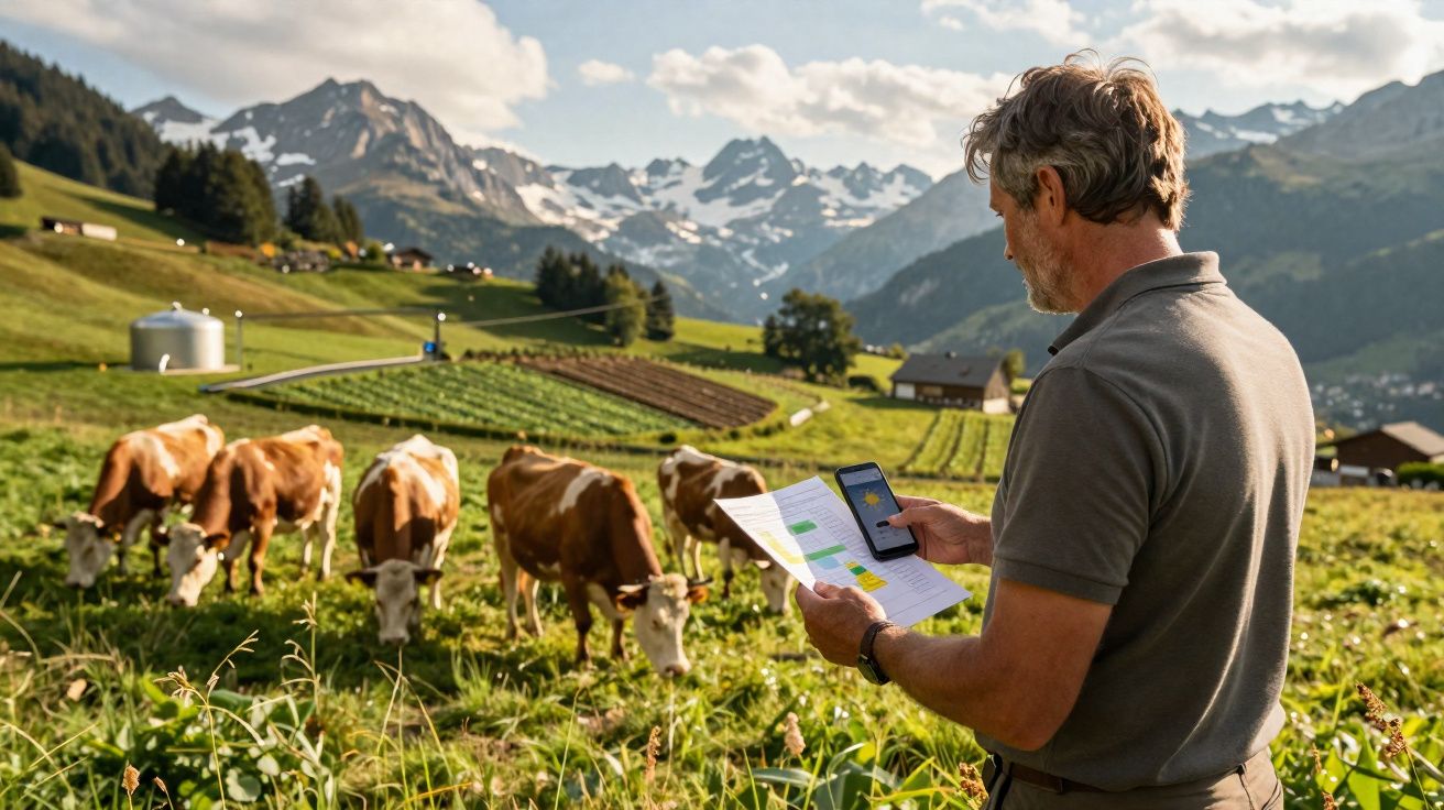 Homem com documentos e telemóvel numa pastagem com vacas e montanhas ao fundo num dia ensolarado.