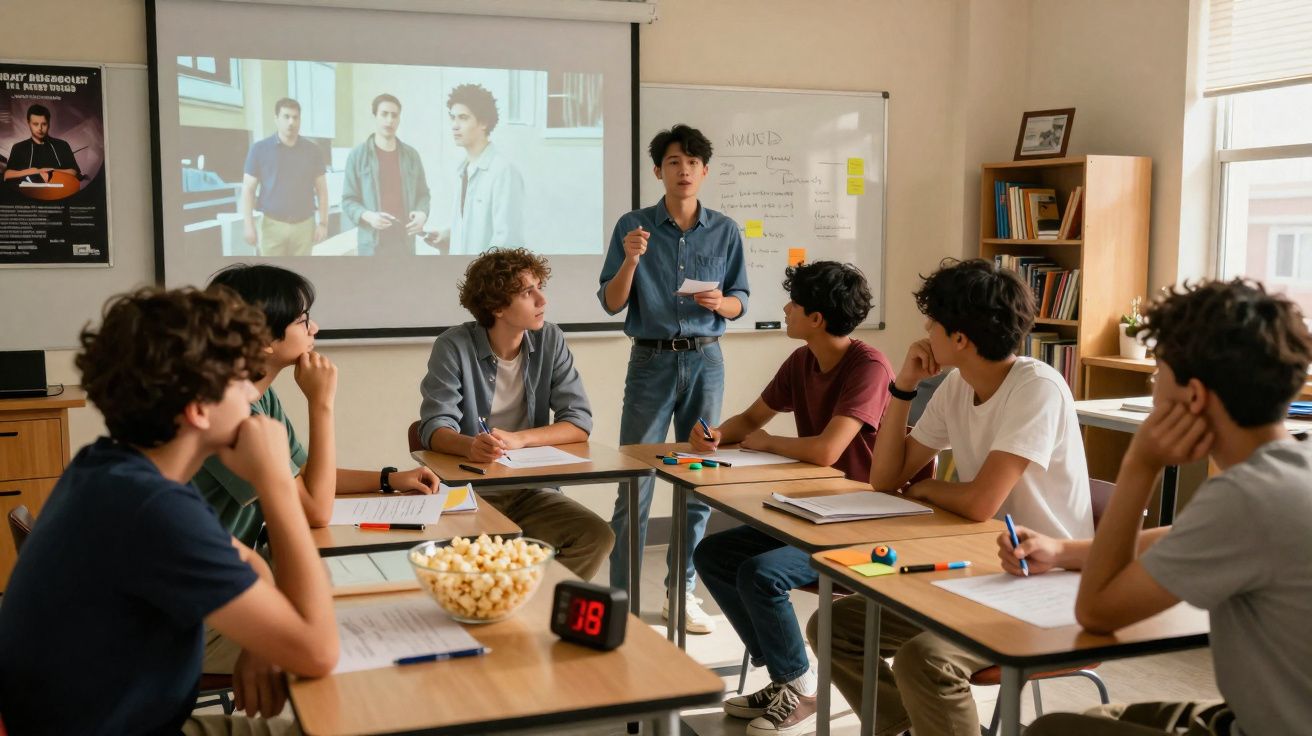 Jovem a apresentar-se perante grupo de estudantes sentados numa sala de aula moderna com projetor activo.