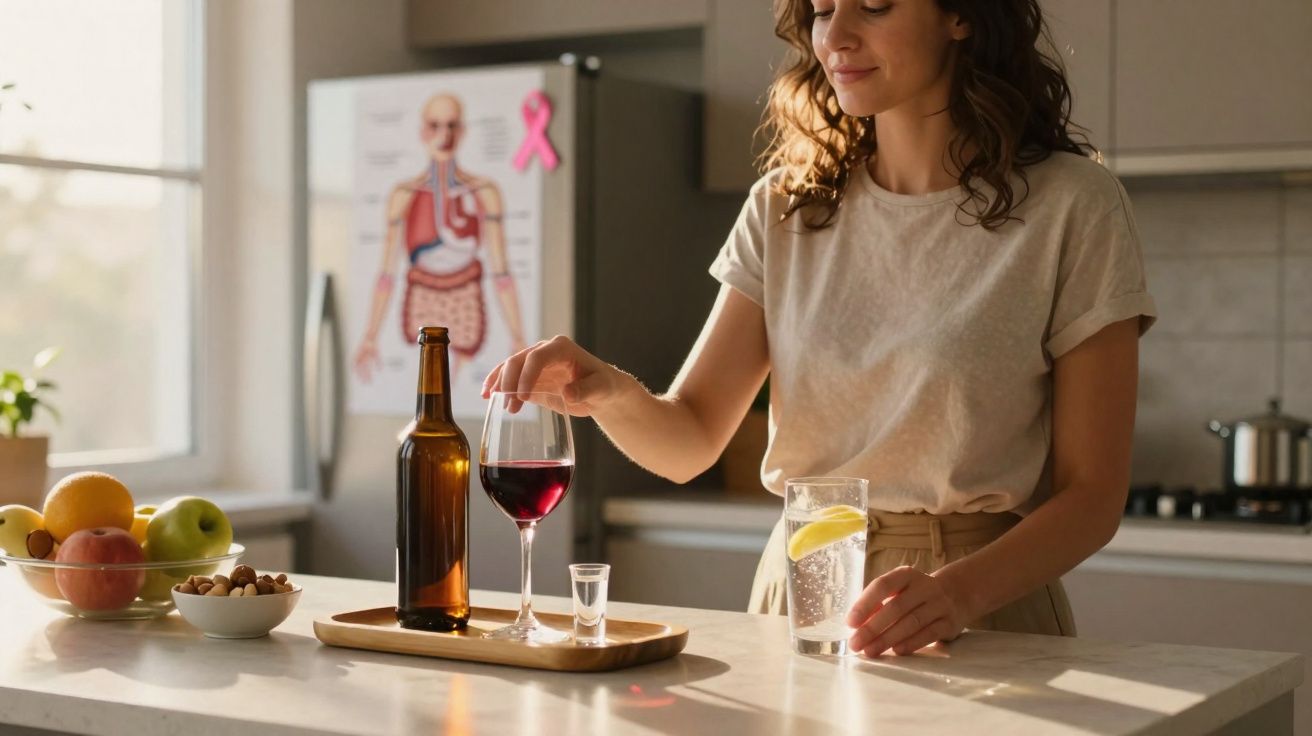 Mulher na cozinha a pegar numa taça de vinho tinto numa bancada com fruta e copo de água com limão.