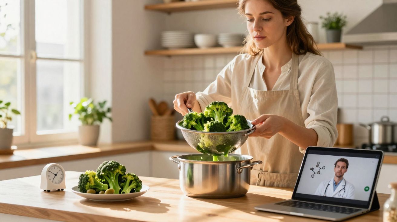 Mulher a cozinhar brócolos numa panela, seguindo consulta online de médico num computador portátil.