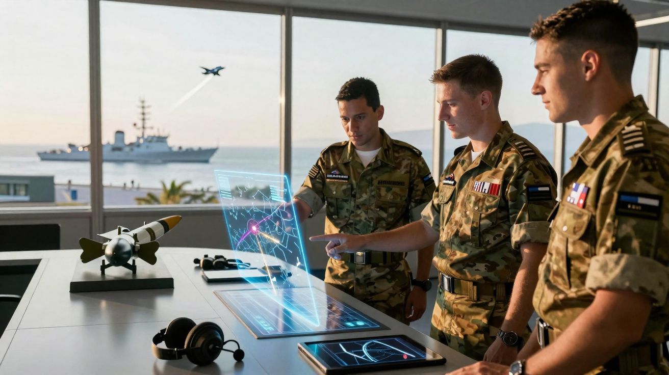 Três militares analisam mapa holográfico e equipamentos numa sala com vista para o mar e navio de guerra.