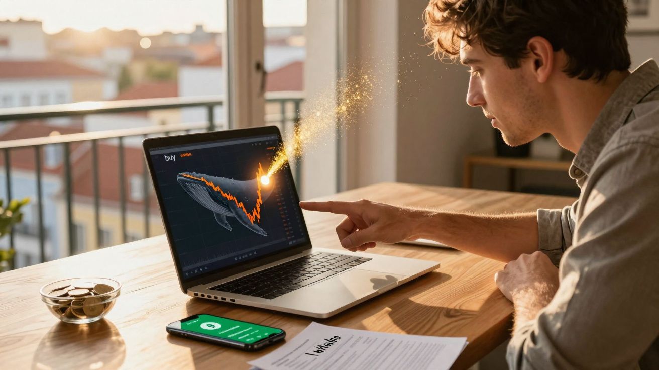 Homem aponta para gráfico em laptop com imagem de baleia e efeito de luzes na tela numa mesa de madeira.