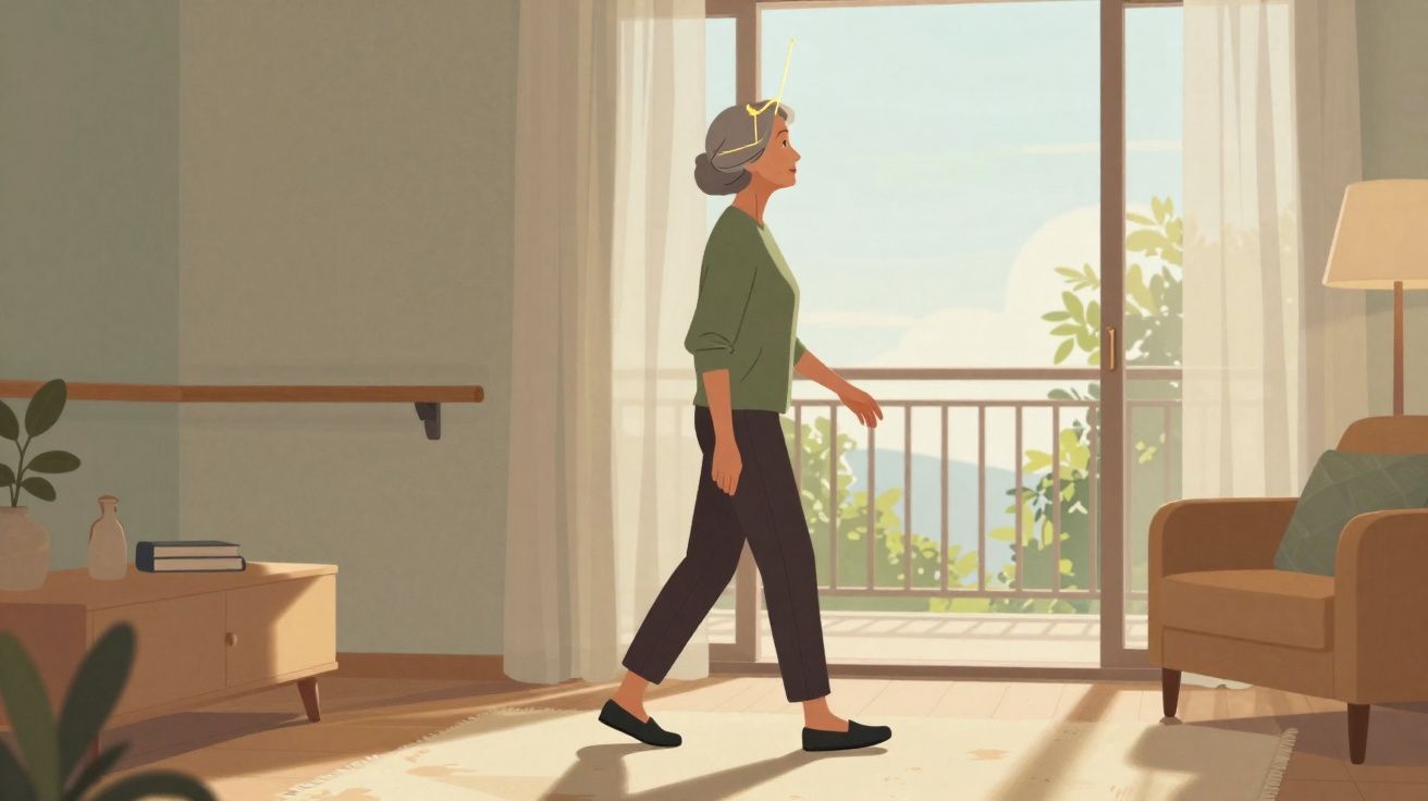 Mulher a andar dentro de casa com um dispositivo na cabeça e luz solar a entrar pela varanda.