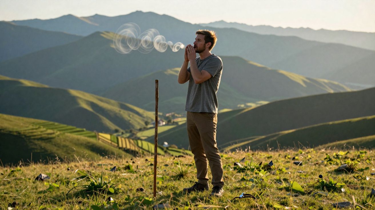Homem faz sons com uma concha junto a um bastão numa paisagem de montanhas ao pôr do sol.