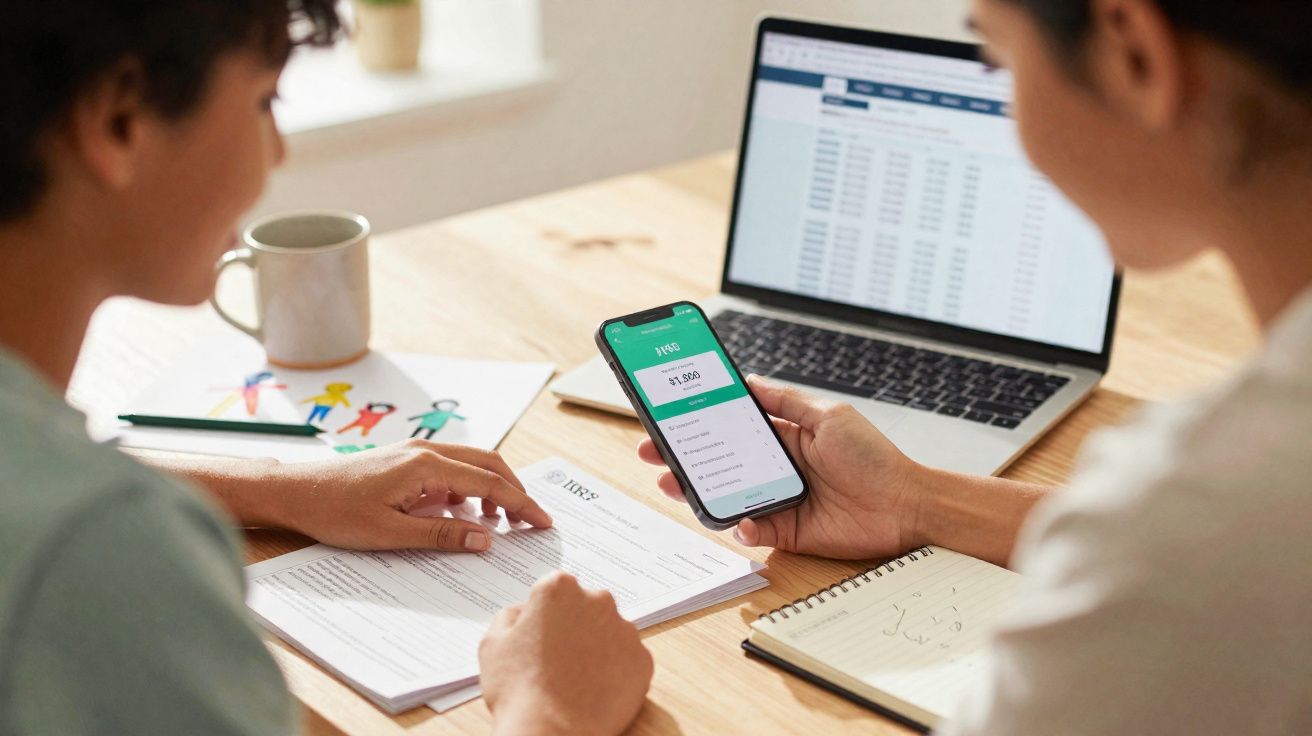 Duas pessoas a analisar documentos e dados num smartphone e laptop numa mesa de escritório.