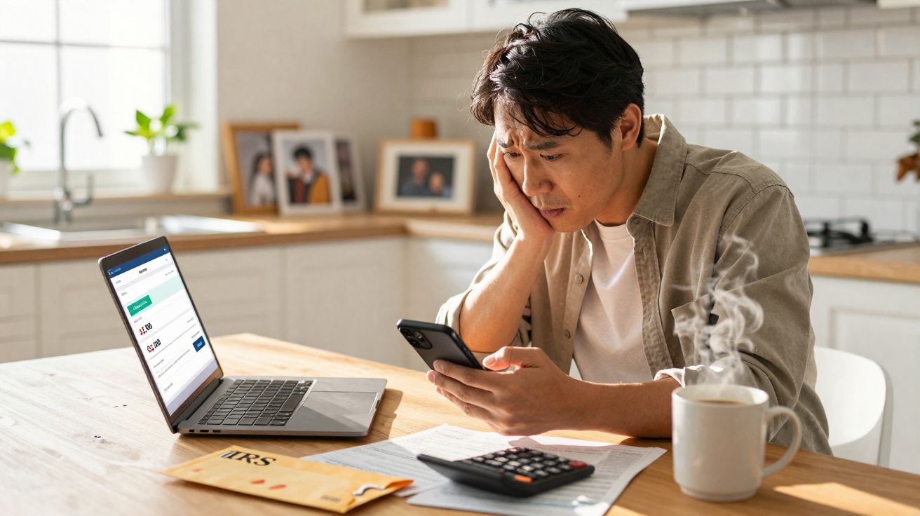 Homem preocupado consulta telemóvel sentado à mesa com laptop, documentos e chá a fumegar numa cozinha luminosa.