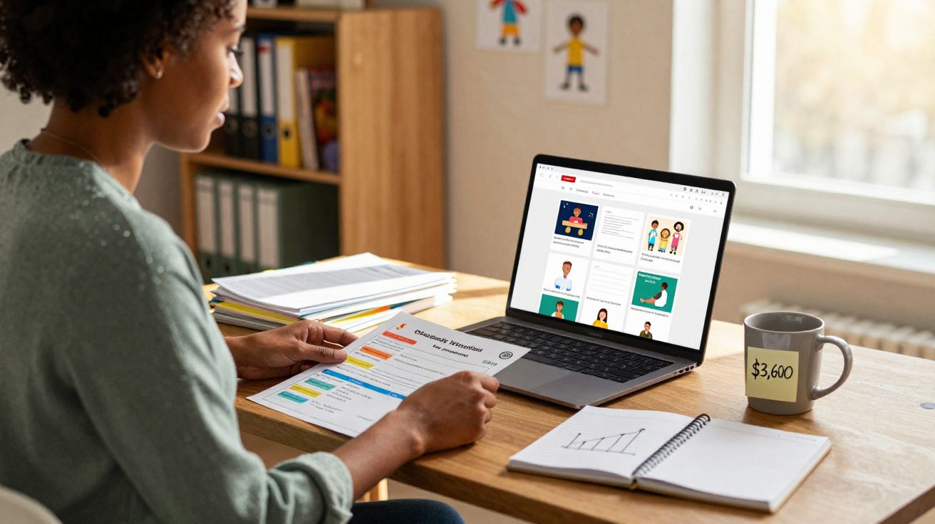 Mulher a analisar currículo e gráficos sentada numa secretária com portátil numa sala iluminada.