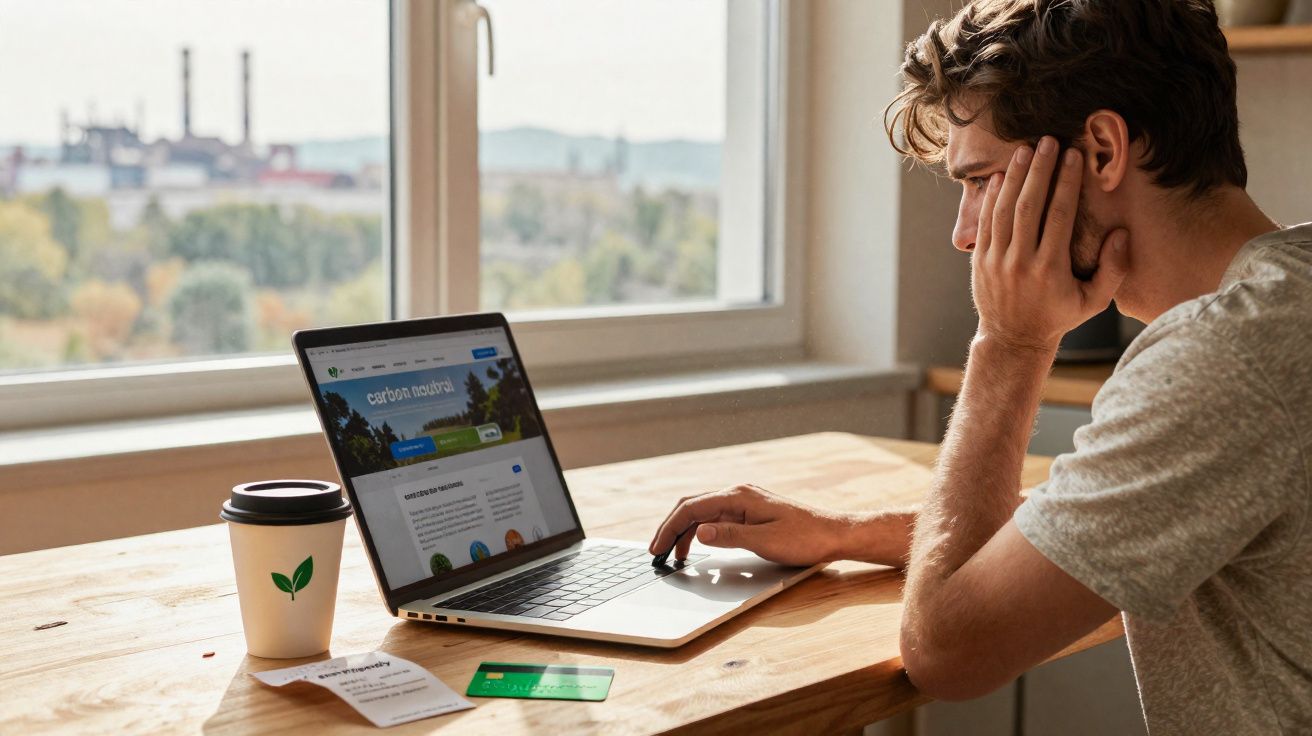 Homem sentado a trabalhar num portátil numa mesa de madeira junto a uma janela, com chávena e cartão verde.