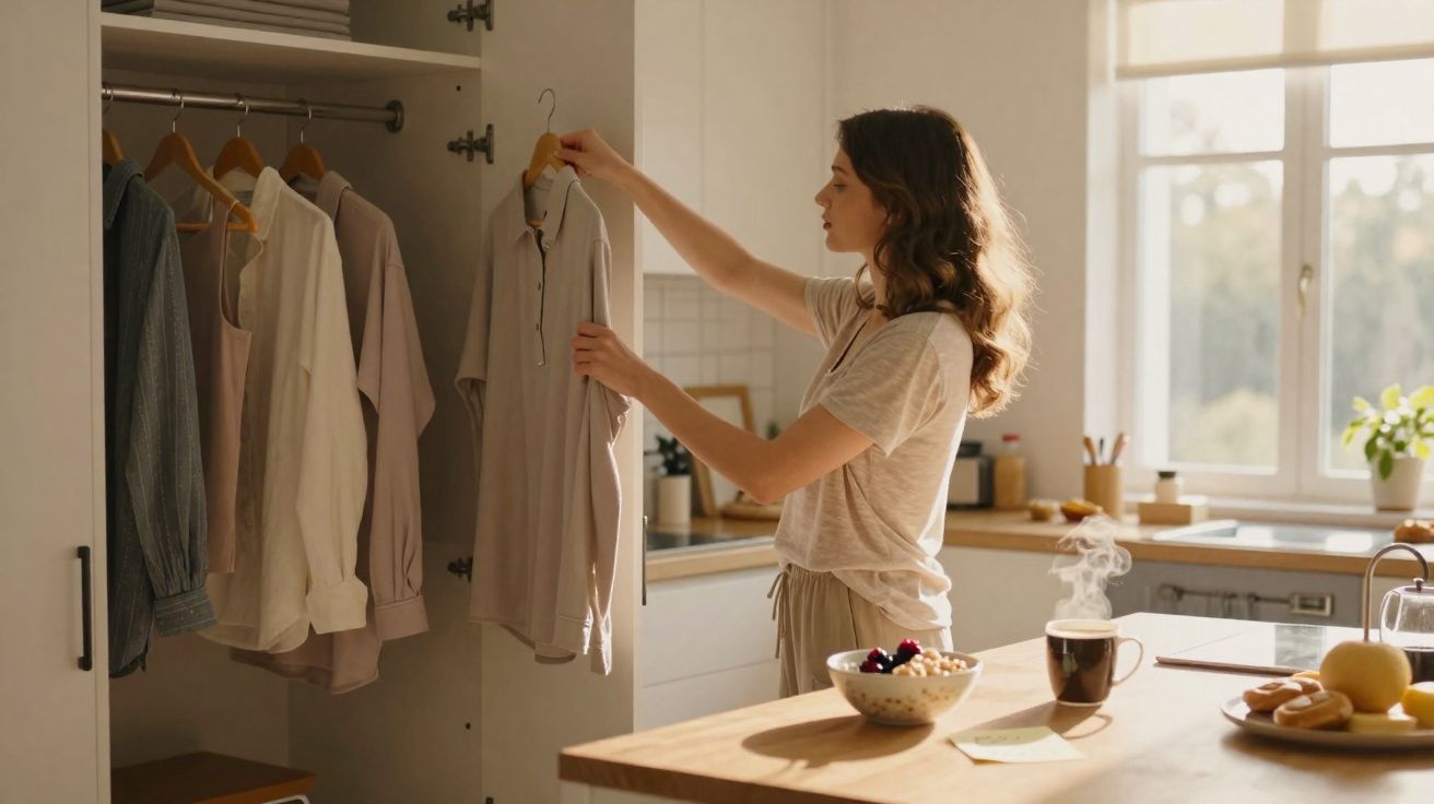 Mulher escolhe camisa num armário numa cozinha luminosa com janela grande ao fundo.