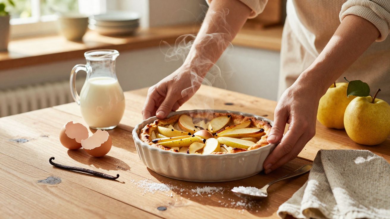 Pessoa a retirar torta de maçã quente do forno numa cozinha luminosa com ingredientes na mesa.
