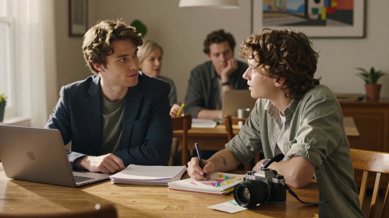 Dois jovens a discutir um projeto com laptop, caderno e câmera fotográfica numa mesa em ambiente interior.