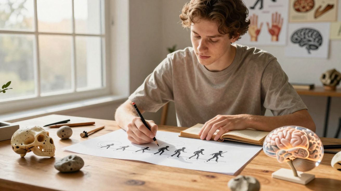 Jovem a desenhar a evolução humana num papel, com crânio e modelo anatómico do cérebro numa mesa iluminada.
