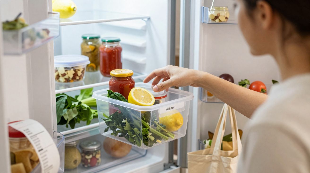 Pessoa a guardar legumes e frascos num frigorífico aberto com vários alimentos organizados.