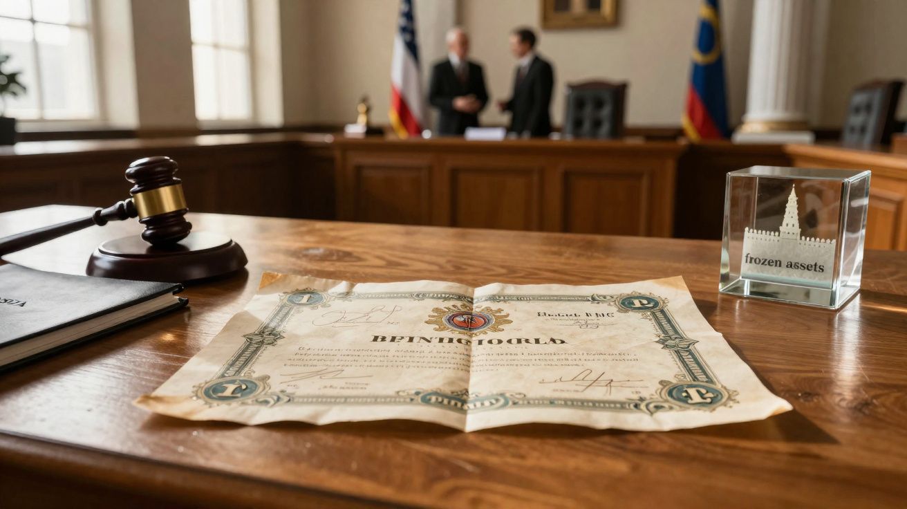 Documento financeiro sobre mesa com martelo de juiz, arquivo, e duas pessoas em conversa desfocadas no fundo.