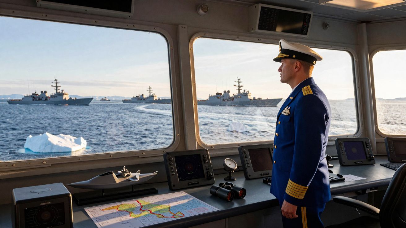 Oficial naval em uniforme azul observa várias fragatas e icebergues através da janela do comando do navio.