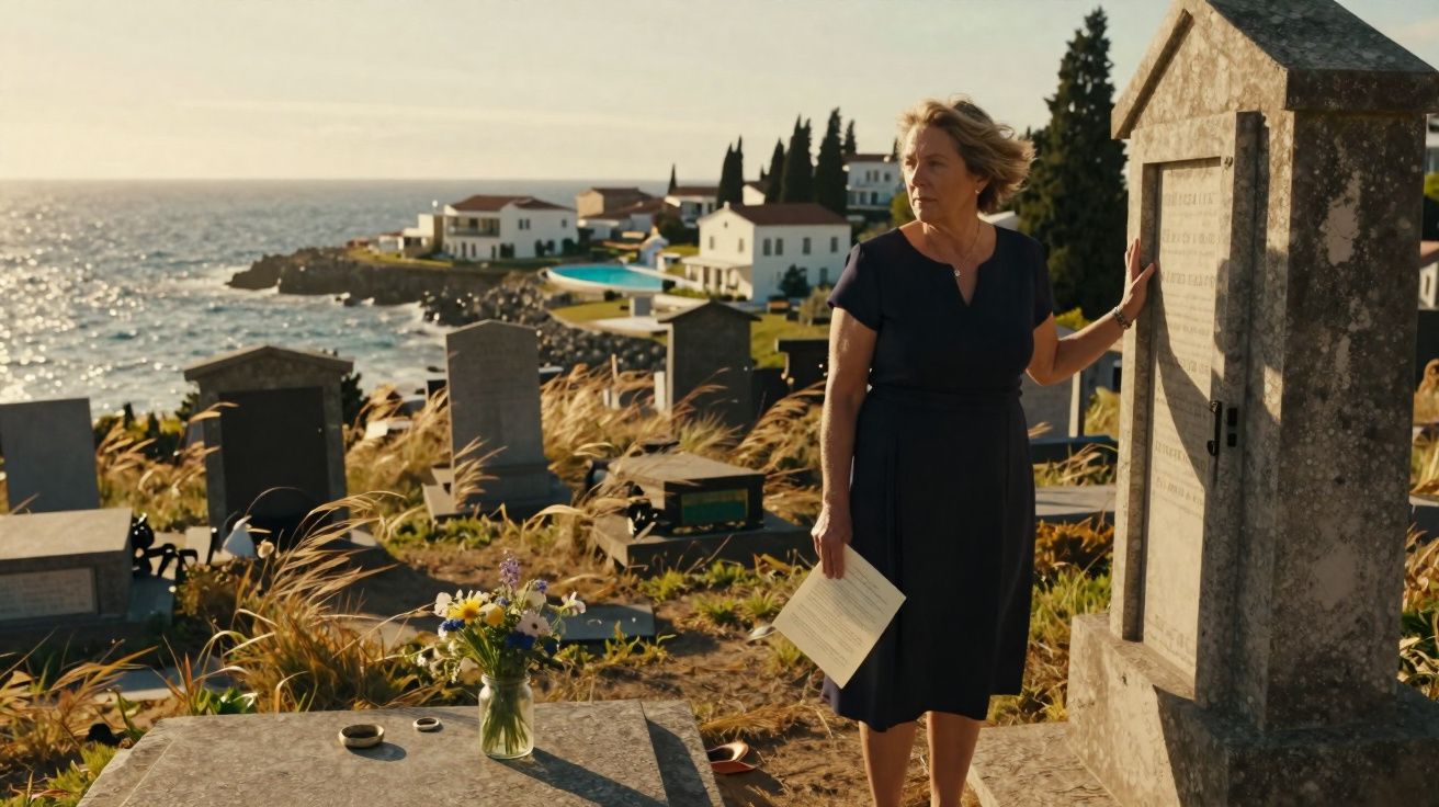 Mulher de vestido escuro segura papel e toca lápide num cemitério junto ao mar com casas ao fundo.