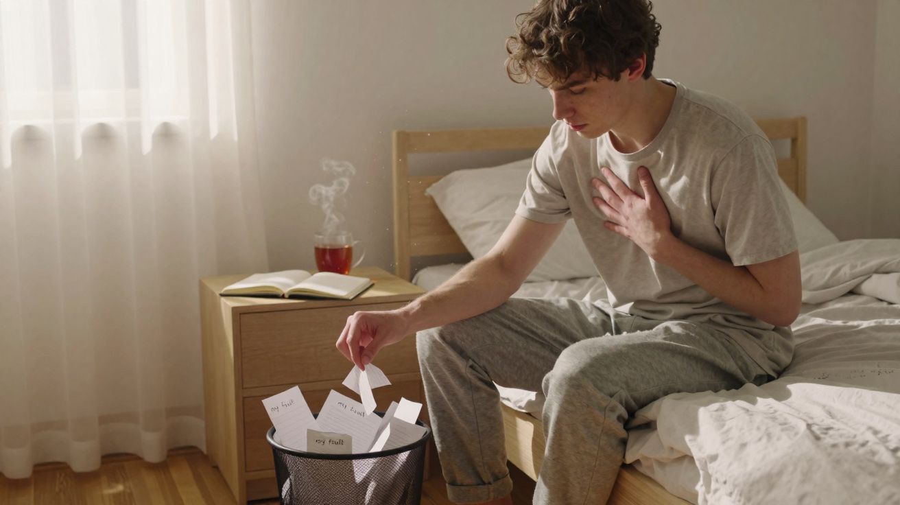 Homem sentado na cama, com mão no peito, a deitar papéis numa papeleira num quarto iluminado.