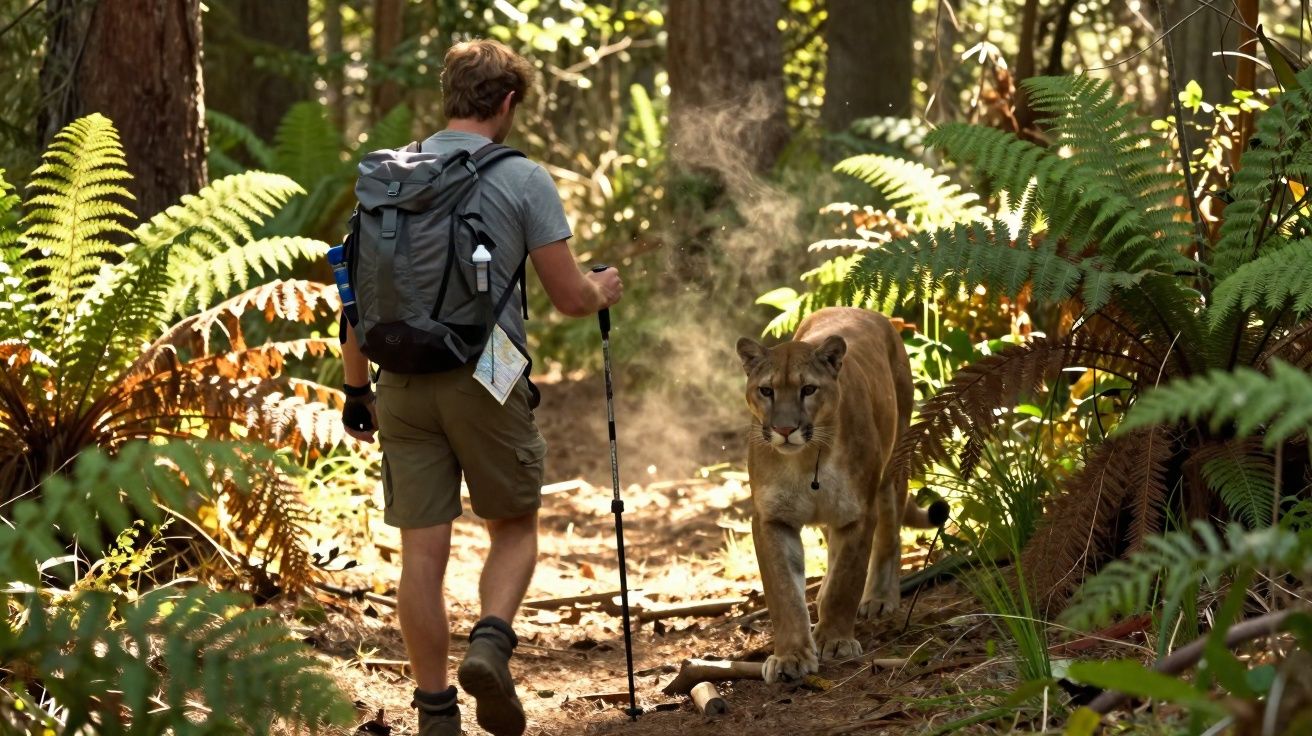 Homem com mochila e bastão caminhando num trilho de floresta, diante de uma onça-parda.