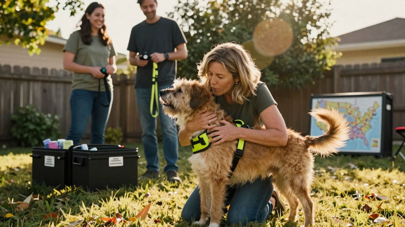 Pessoa a fazer treino de obediência com cão castanho ao ar livre num jardim ensolarado.