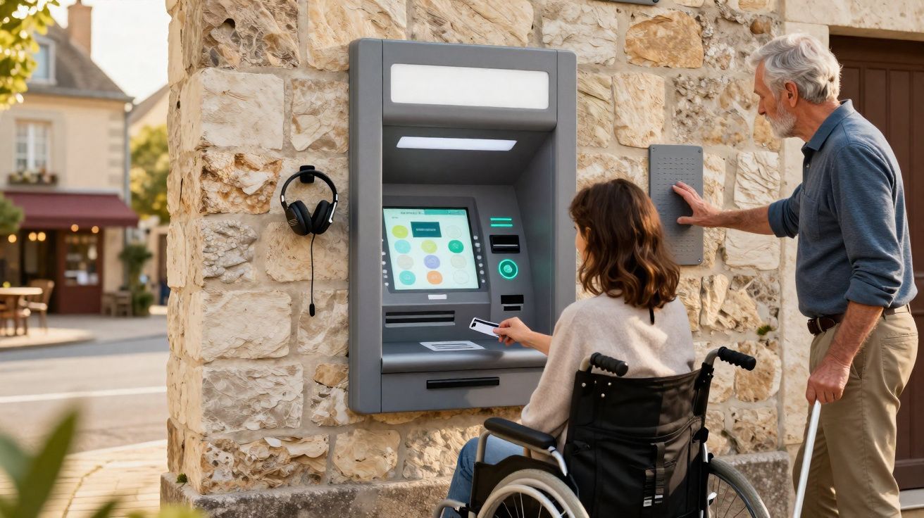 Pessoa em cadeira de rodas a usar caixa multibanco enquanto homem idoso observa ao lado na rua.