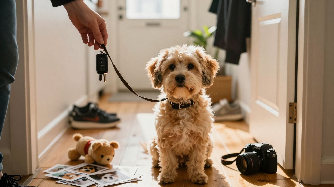 Cão castanho claro sentado no chão de madeira com trela na coleira e mãos a segurar as chaves do carro.
