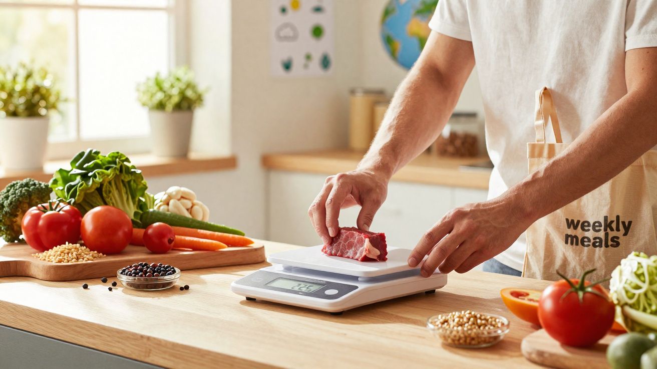 Pessoa a pesar um pedaço de carne numa balança digital na cozinha com legumes ao redor.