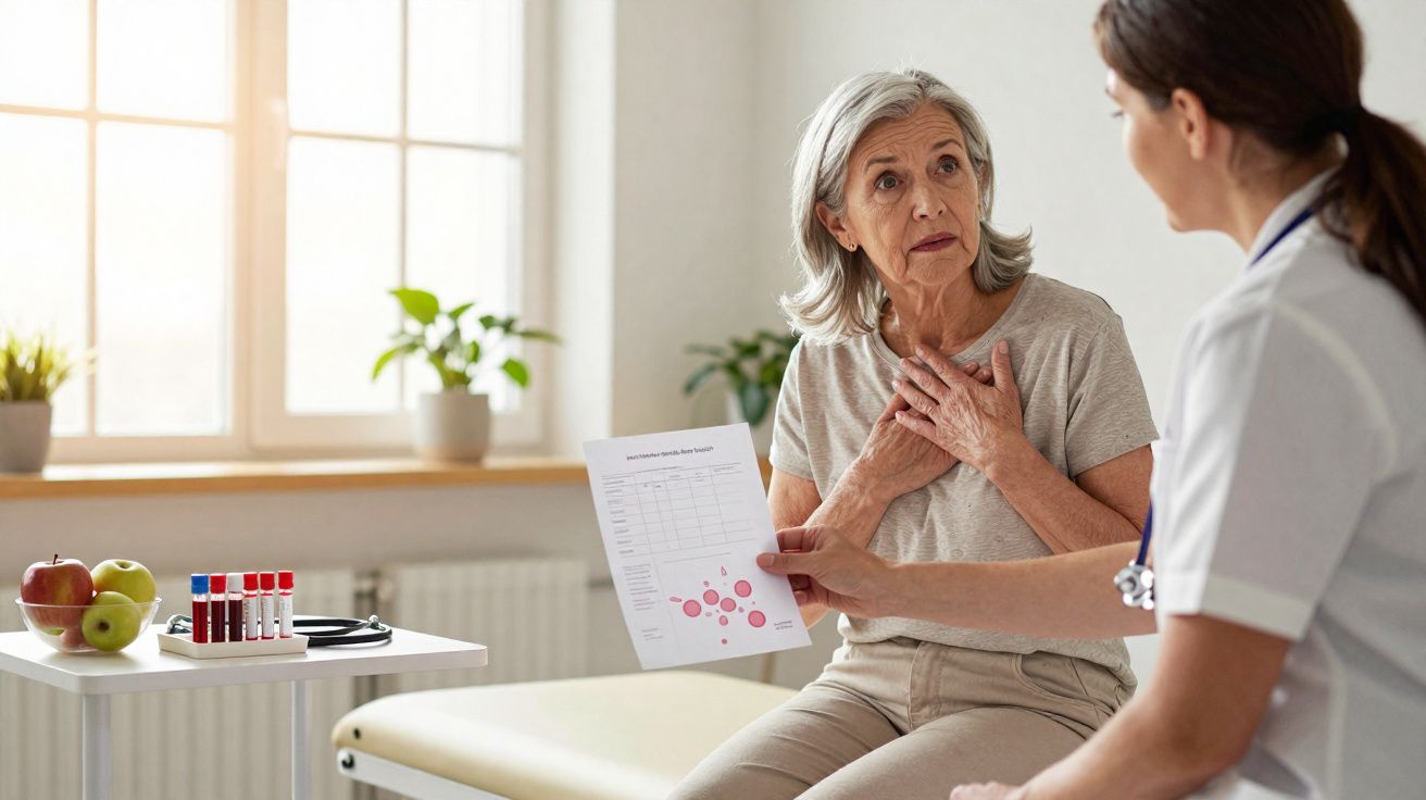 Consulta médica com idosa preocupada segurando relatório enquanto enfermeira explica resultados num consultório.