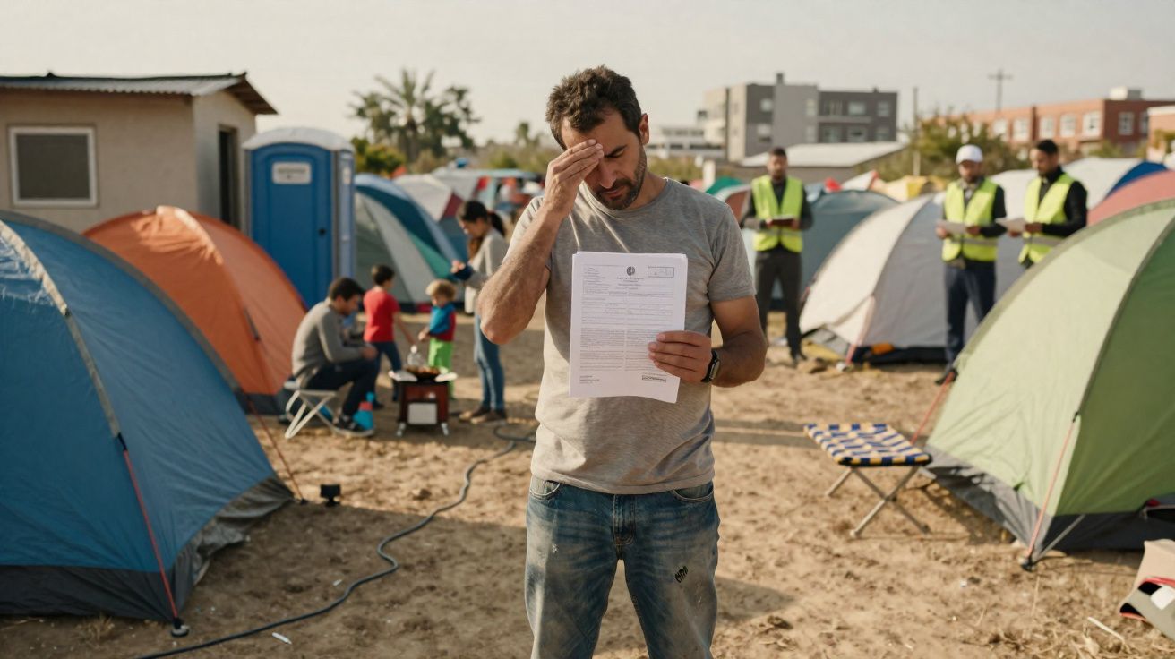 Homem preocupado com papel na mão em campo de tendas com outras pessoas e voluntários ao fundo.