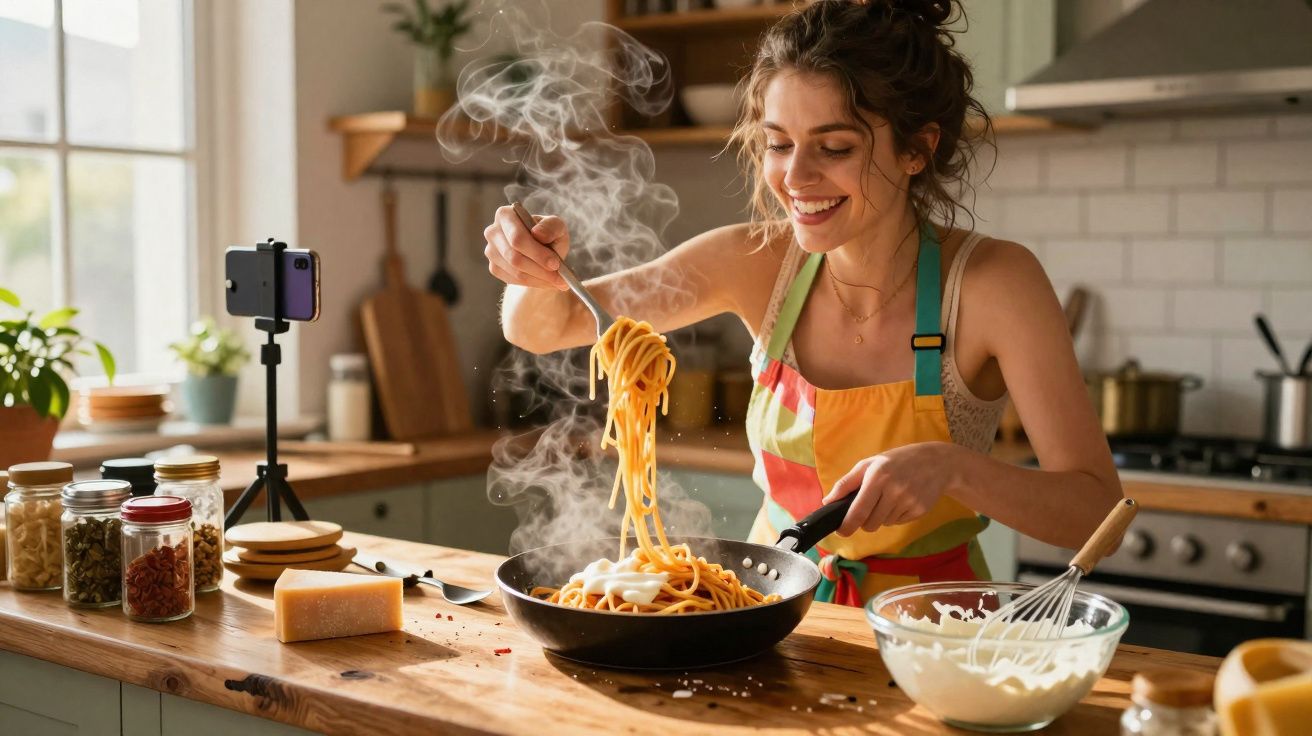 Mulher sorridente a cozinhar esparguete numa cozinha luminosa enquanto grava com telemóvel.
