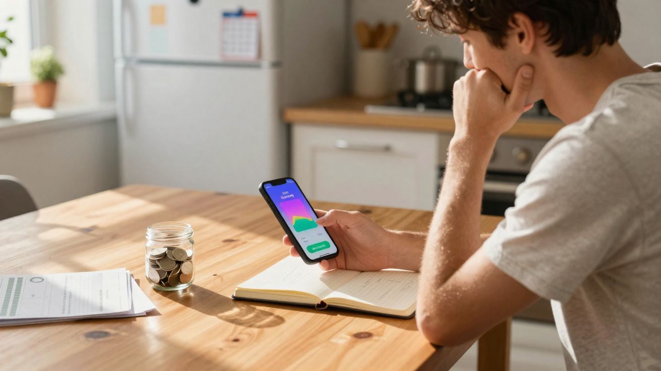 Homem a analisar aplicação financeira no telemóvel enquanto está numa cozinha com um frasco de moedas e documentos sobre a me