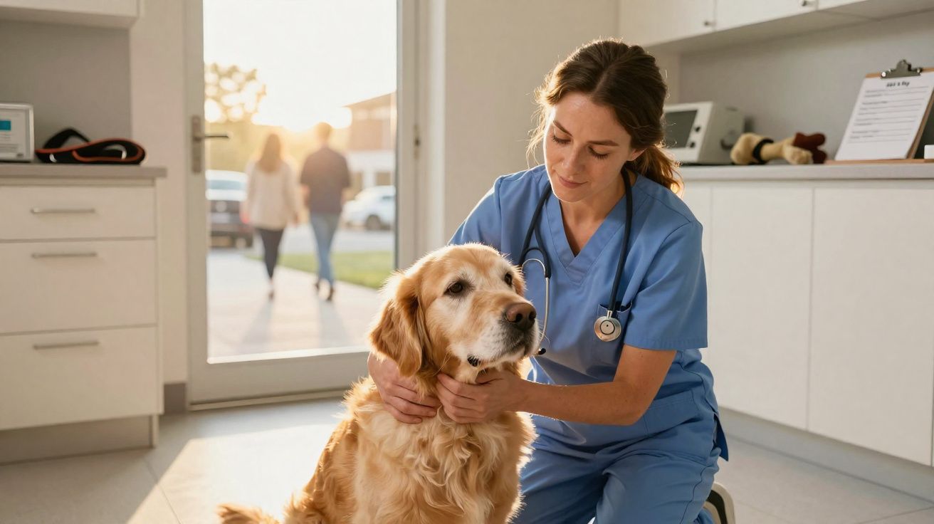 Veterinária a examinar um cão dourado numa clínica com luz natural ao fundo.
