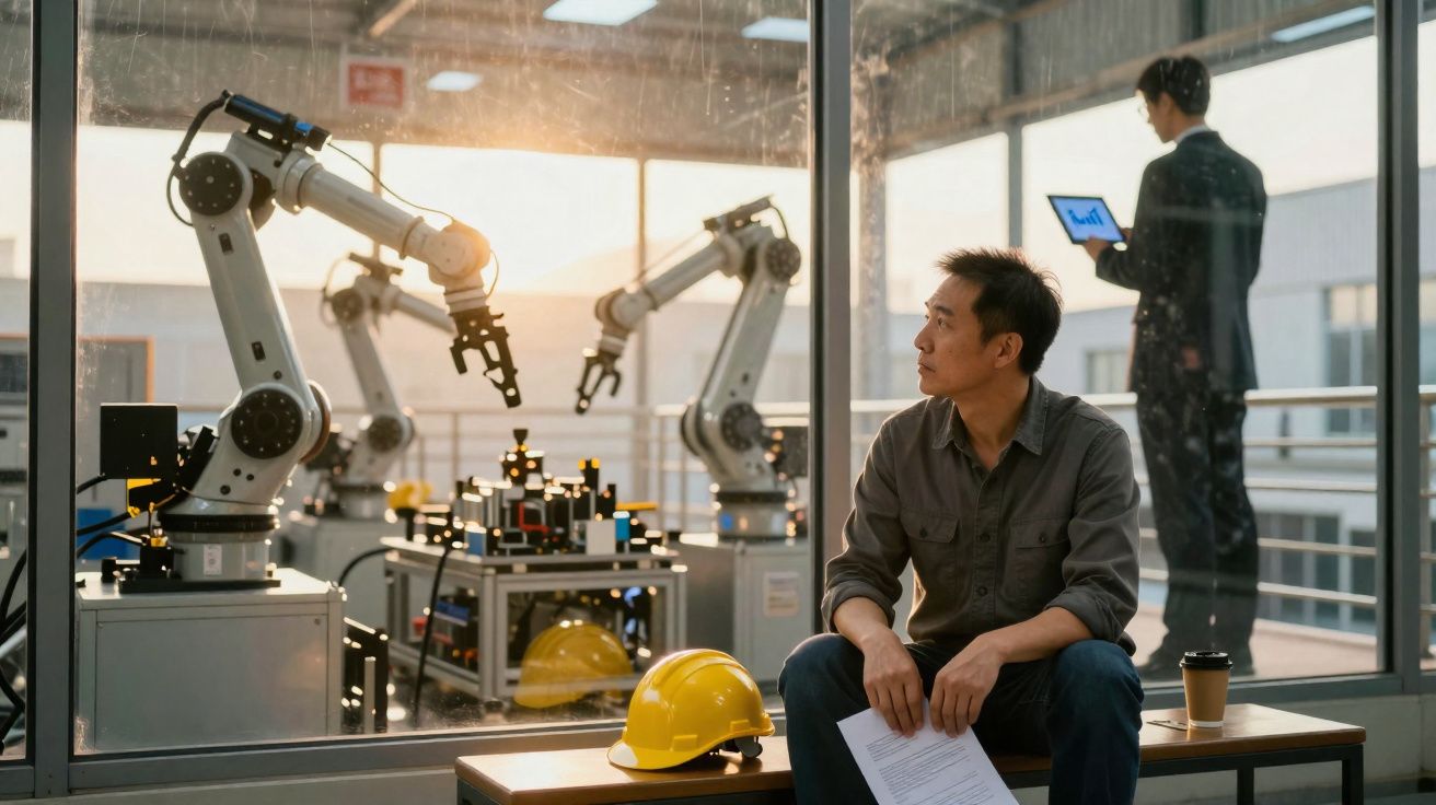 Homem sentado observa braços robóticos numa fábrica, enquanto outra pessoa usa tablet ao fundo.