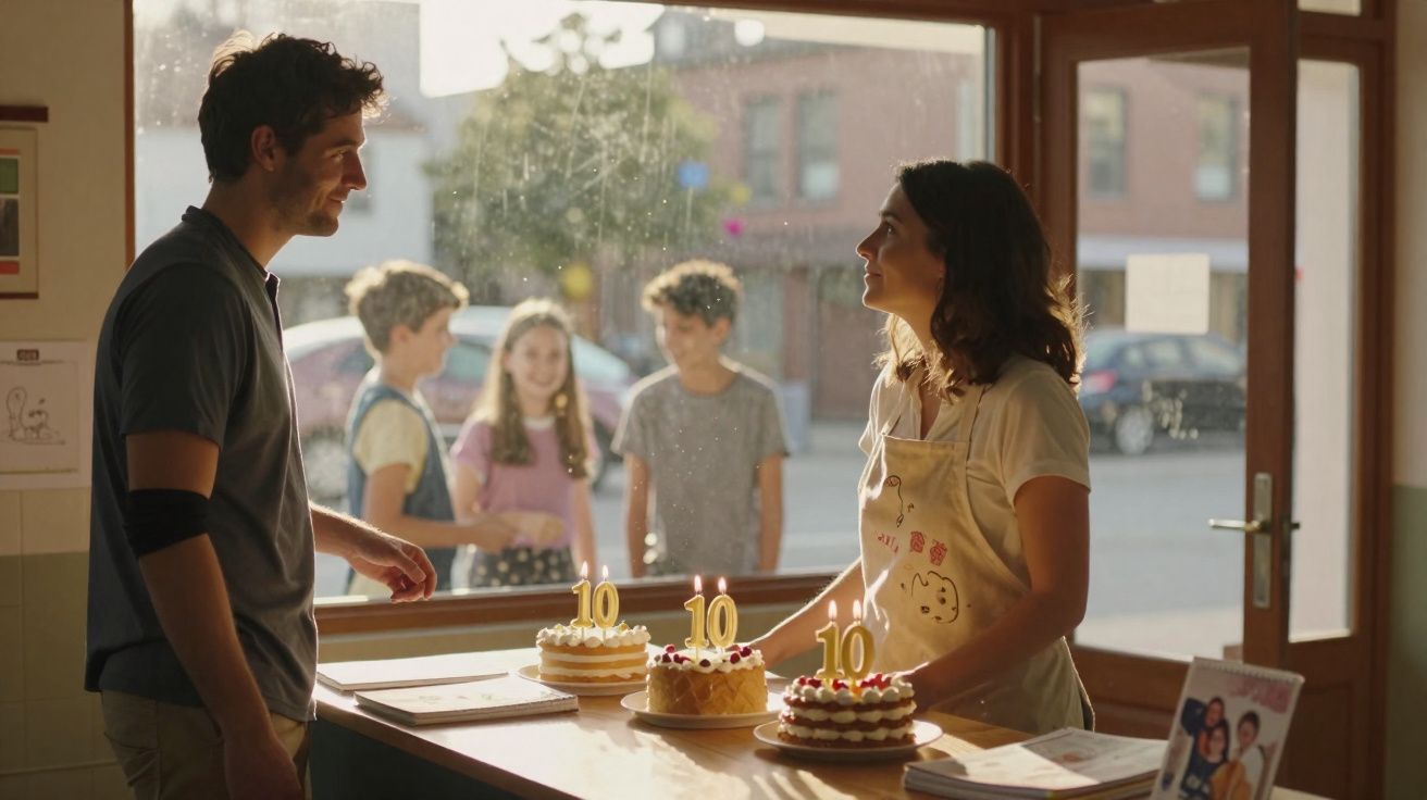 Homem e mulher conversam numa pastelaria com três bolos de aniversário com velas a dizer 10 anos.