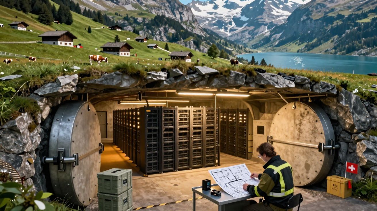 Pessoa a trabalhar num data center subterrâneo com entrada em caverna nas montanhas suíças, junto a lago e vacas.