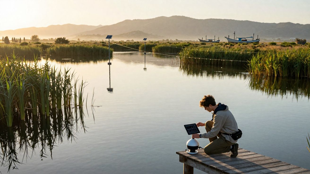Pessoa a usar equipamento tecnológico num cais junto a um lago com vegetação e barcos ao fundo ao pôr do sol.
