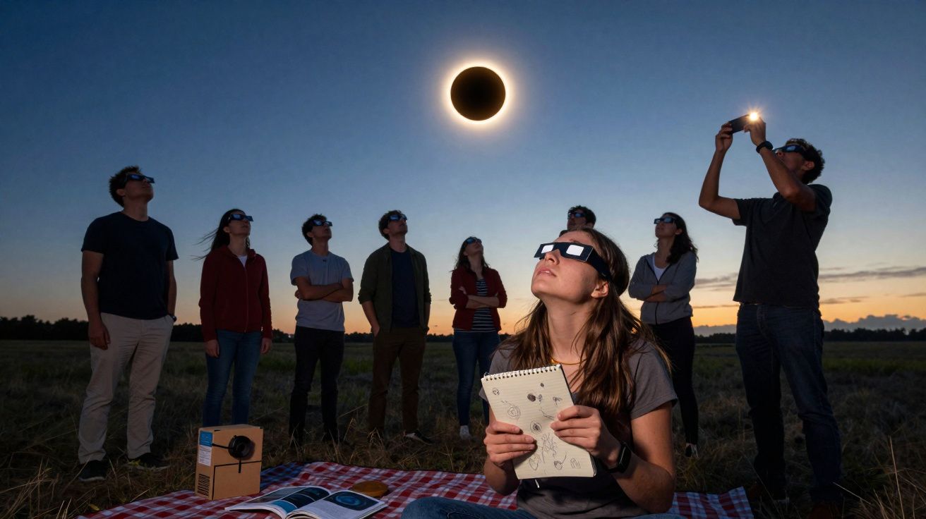Grupo de pessoas com óculos especiais observando eclipse solar ao pôr do sol numa zona rural.