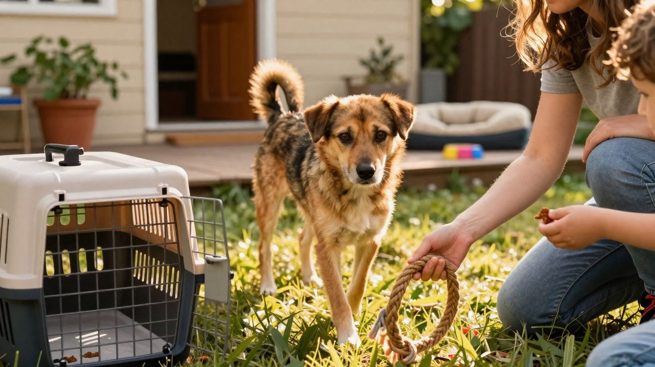 Cão castanho em relva junto a uma pessoa que segura um brinquedo de corda e uma caixa de transporte aberta.