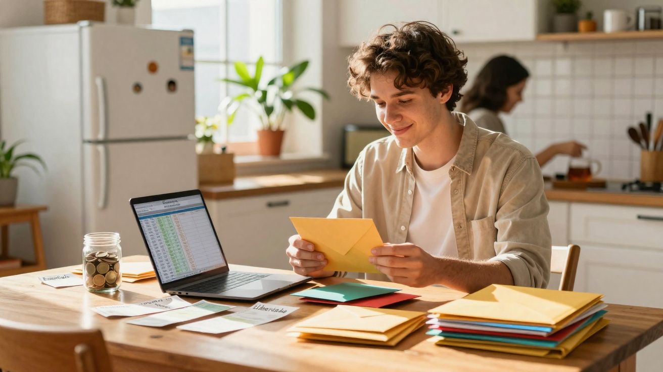 Jovem com envelope amarelo sentado à mesa com computador e várias cartas numa cozinha iluminada.