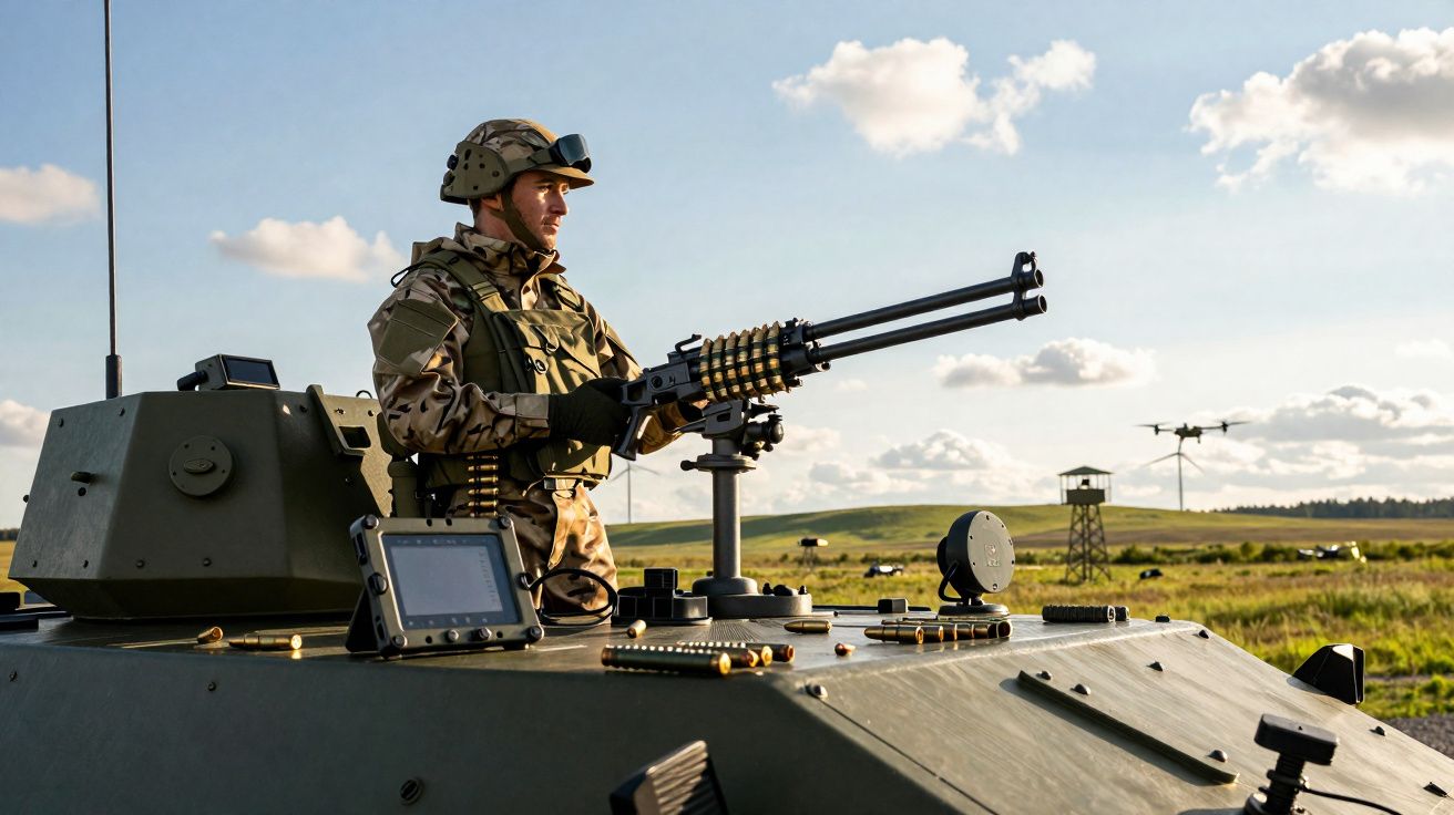 Soldado em uniforme camuflado armado numa viatura militar com paisagem campestre ao fundo e drone no céu.