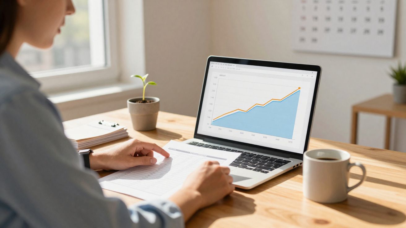 Pessoa a analisar gráficos no ecrã de um portátil numa mesa com caneca e planta.