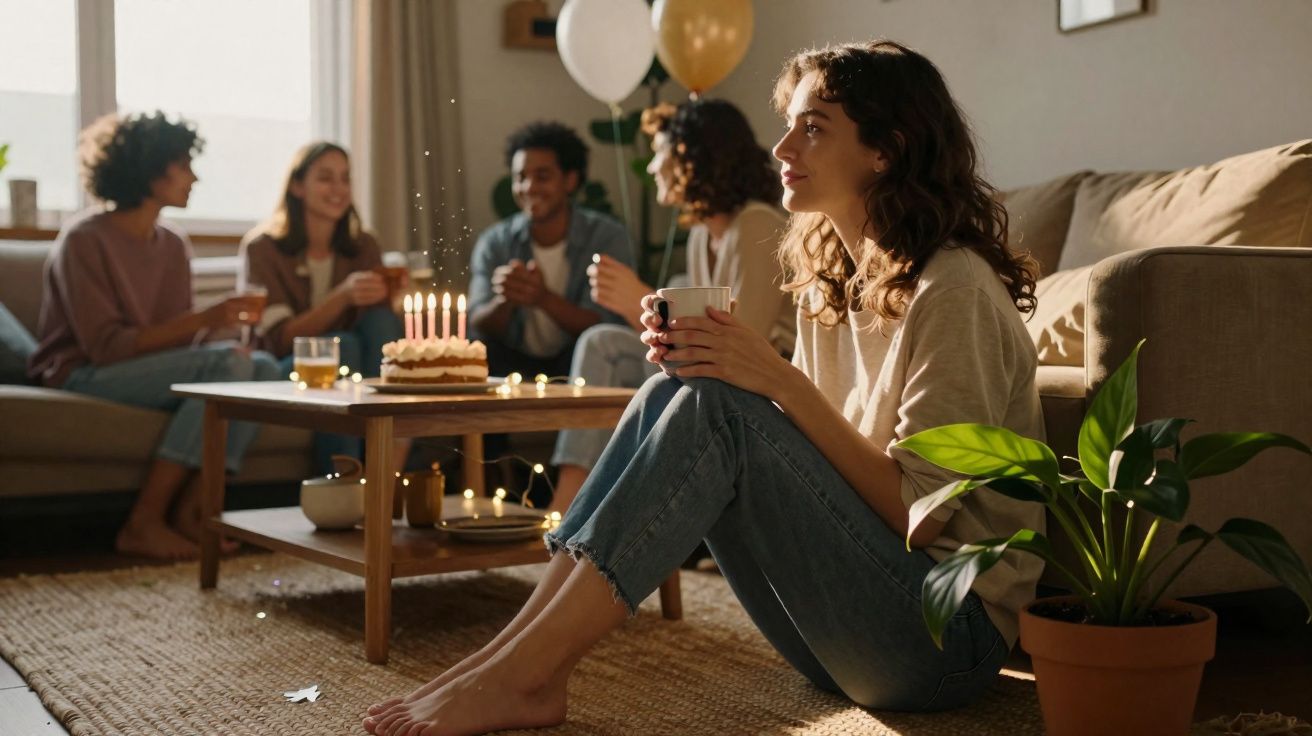 Mulher sentada no chão com chávena, amigos conversam junto a bolo de aniversário com velas acesas.